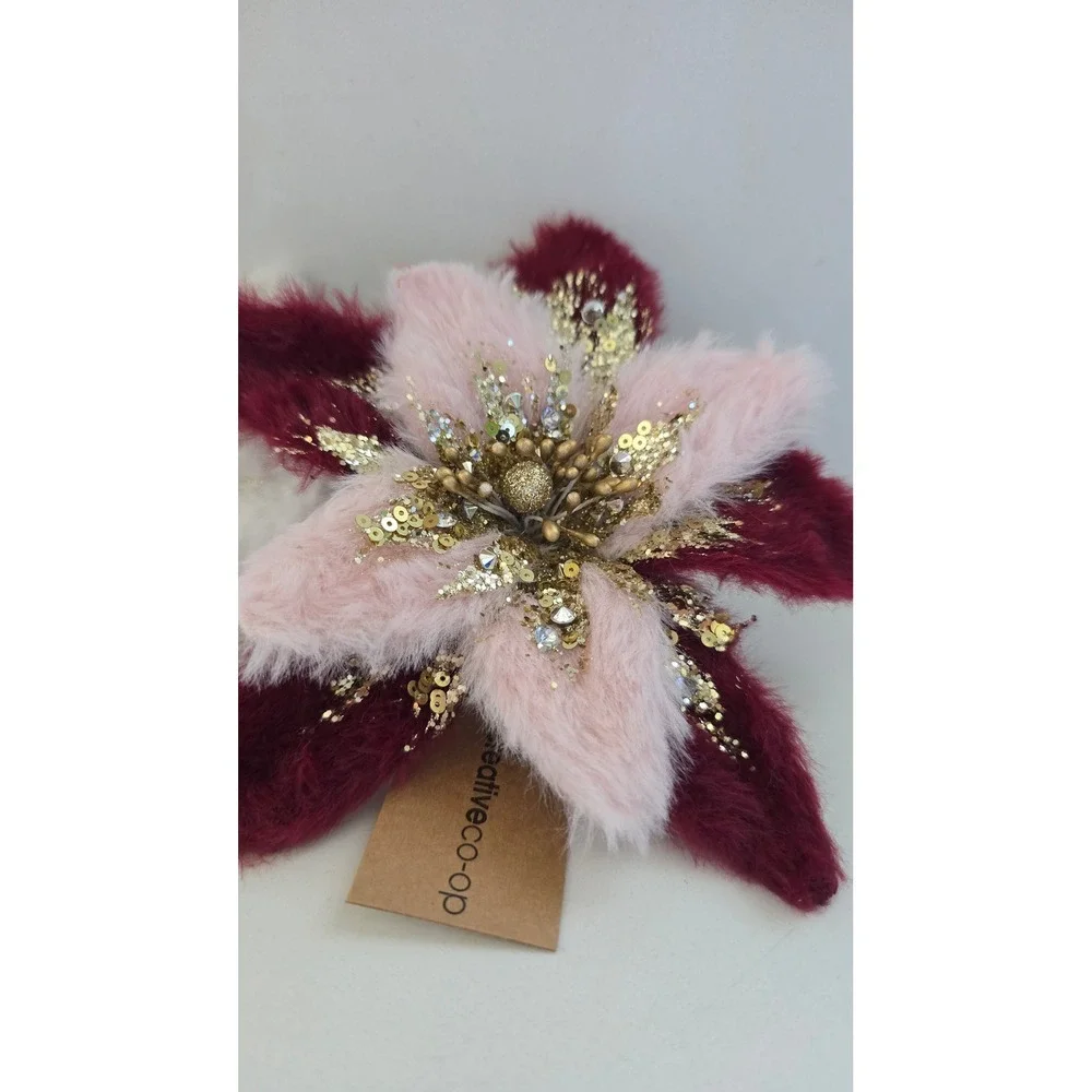 New Creative Co-Op Faux Fur Poinsettia Clip-on Ornaments Set of 3 Gold Pink